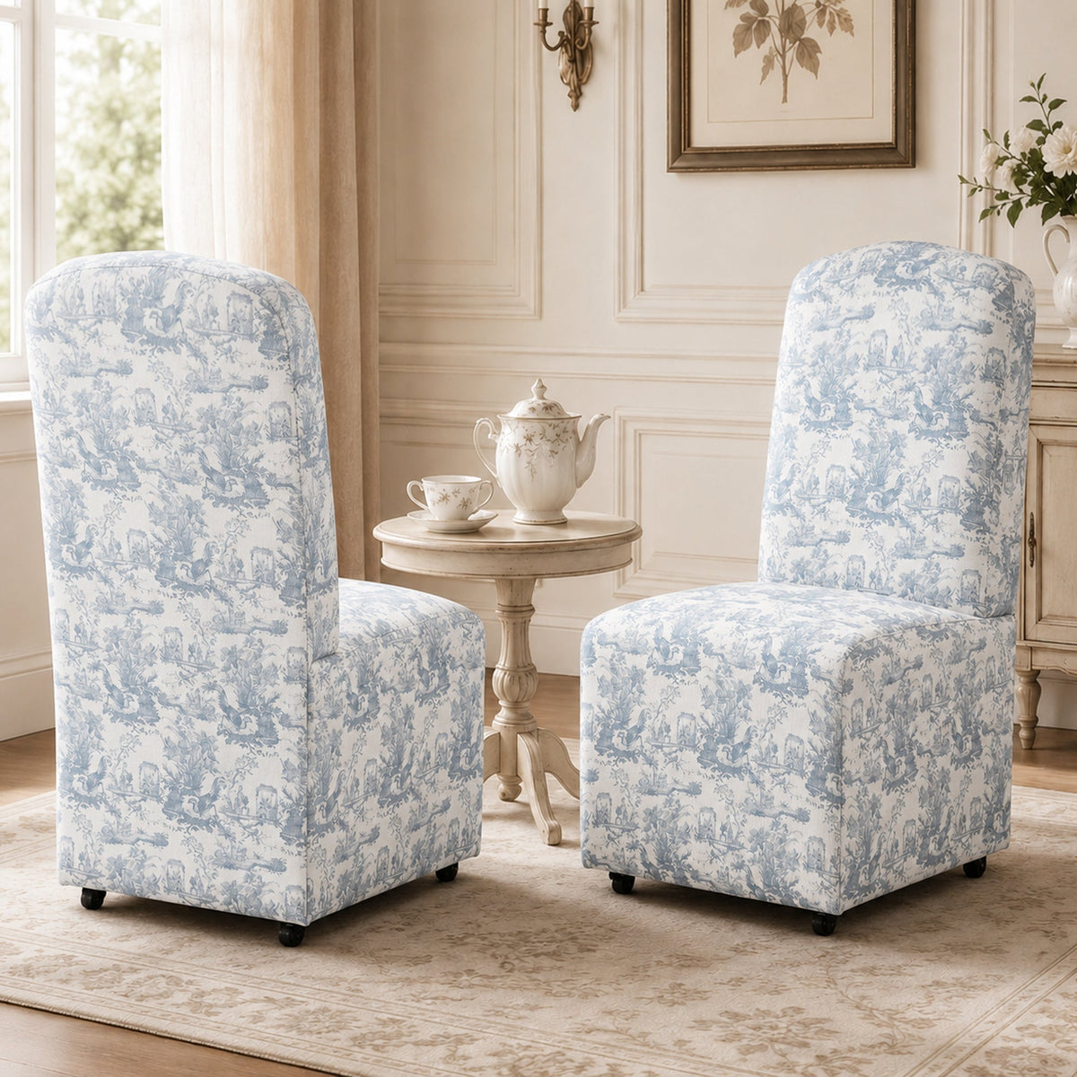 French Farmhouse Upholstered Dining Chair with Rounded Back, Caster Legs & Skirted Design