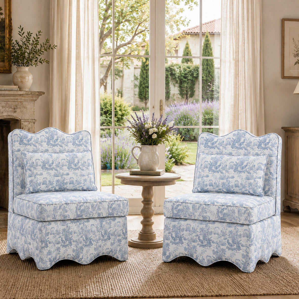 French Farmhouse Accent Chair with Scalloped Back & Upholstered Seat