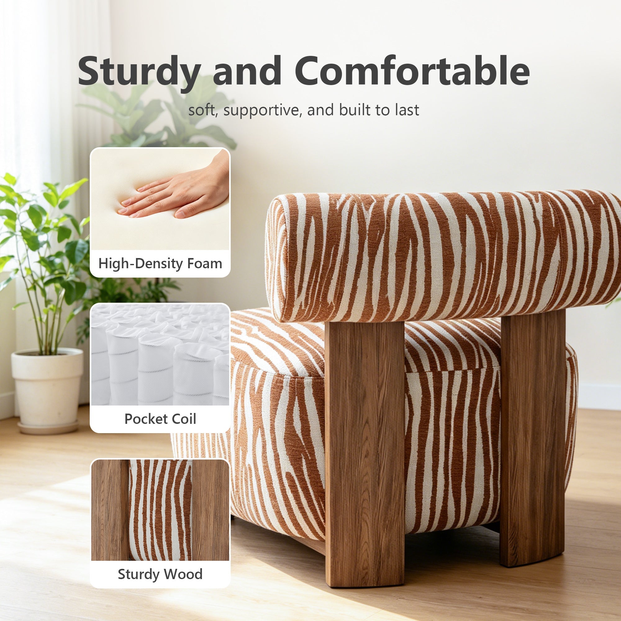 Contemporary Zebra-Stripe Chenille Accent Chair – Sculptural Cylindrical Backrest