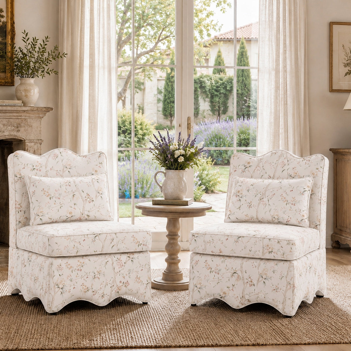 French Farmhouse Accent Chair with Scalloped Back & Upholstered Seat