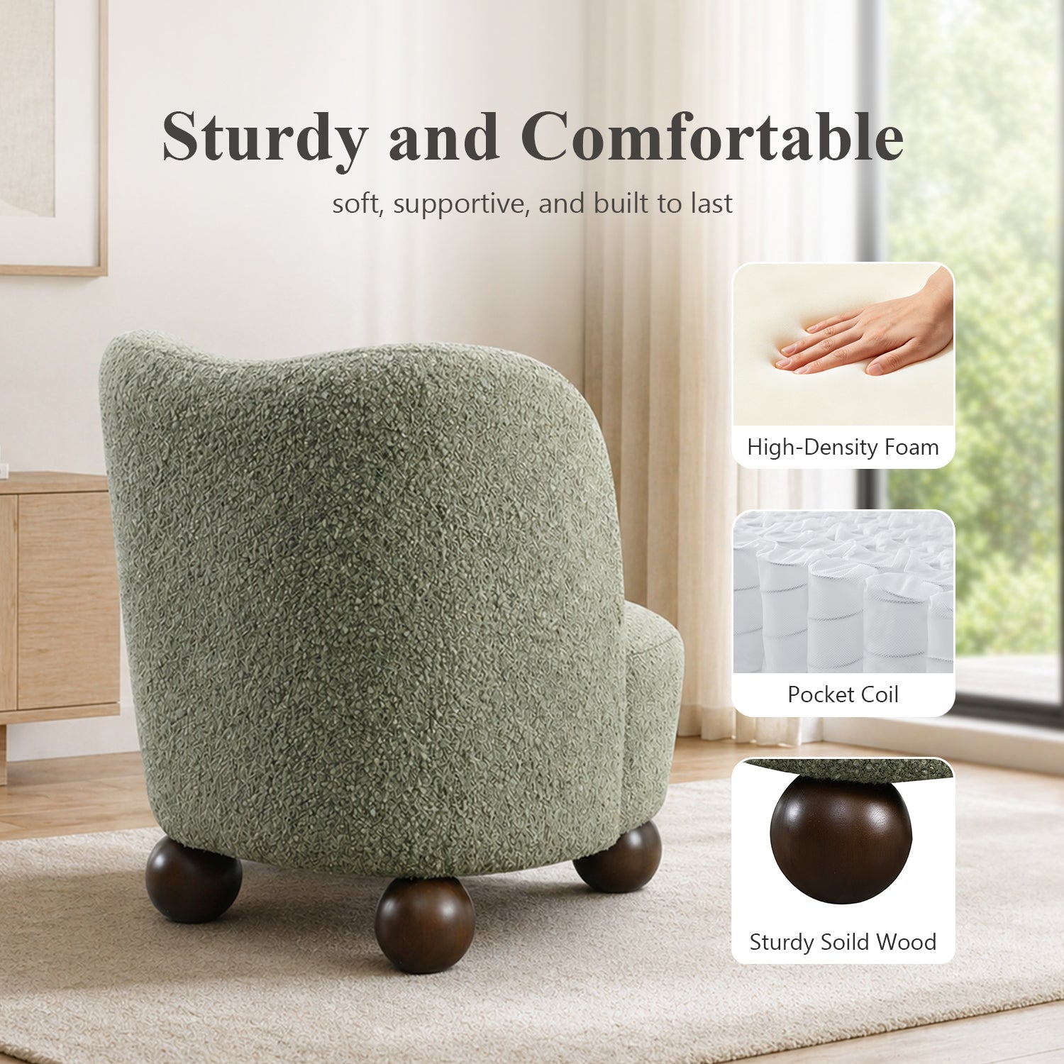 Contemporary Boucle Accent Chair – Sculptural Wood Ball Feet, Wide Seat
