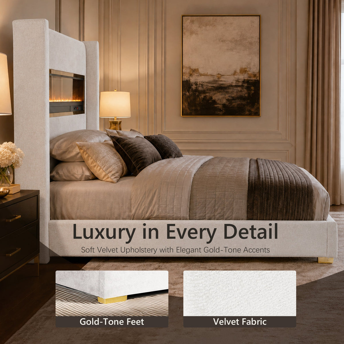 Contemporary Smart Platform Bed with 3D Fireplace LED Headboard, Bluetooth Audio, USB & TF Card Slots, Stainless Steel Frame