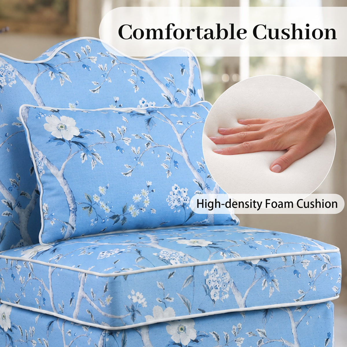 French Farmhouse Accent Chair with Scalloped Back & Upholstered Seat