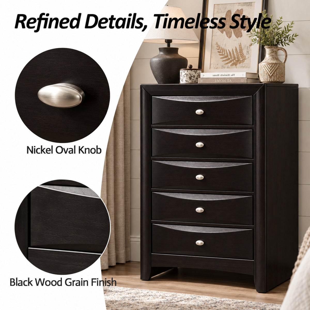 Transitional 5-Drawer Chest with Solid Wood Construction – No Assembly Required