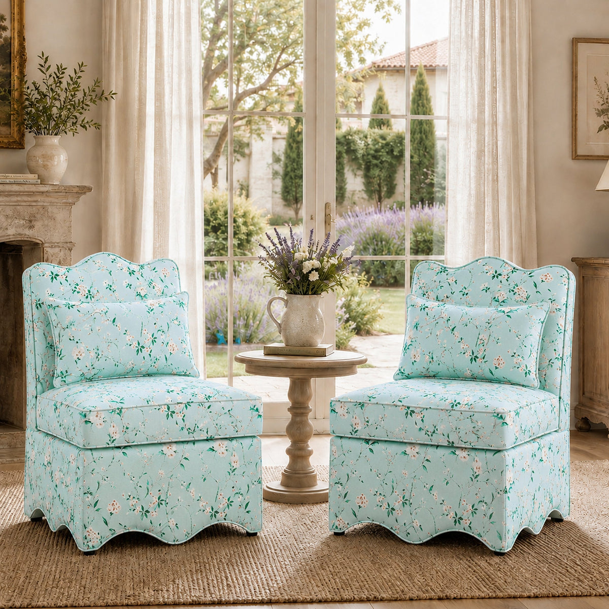 French Farmhouse Accent Chair with Scalloped Back & Upholstered Seat