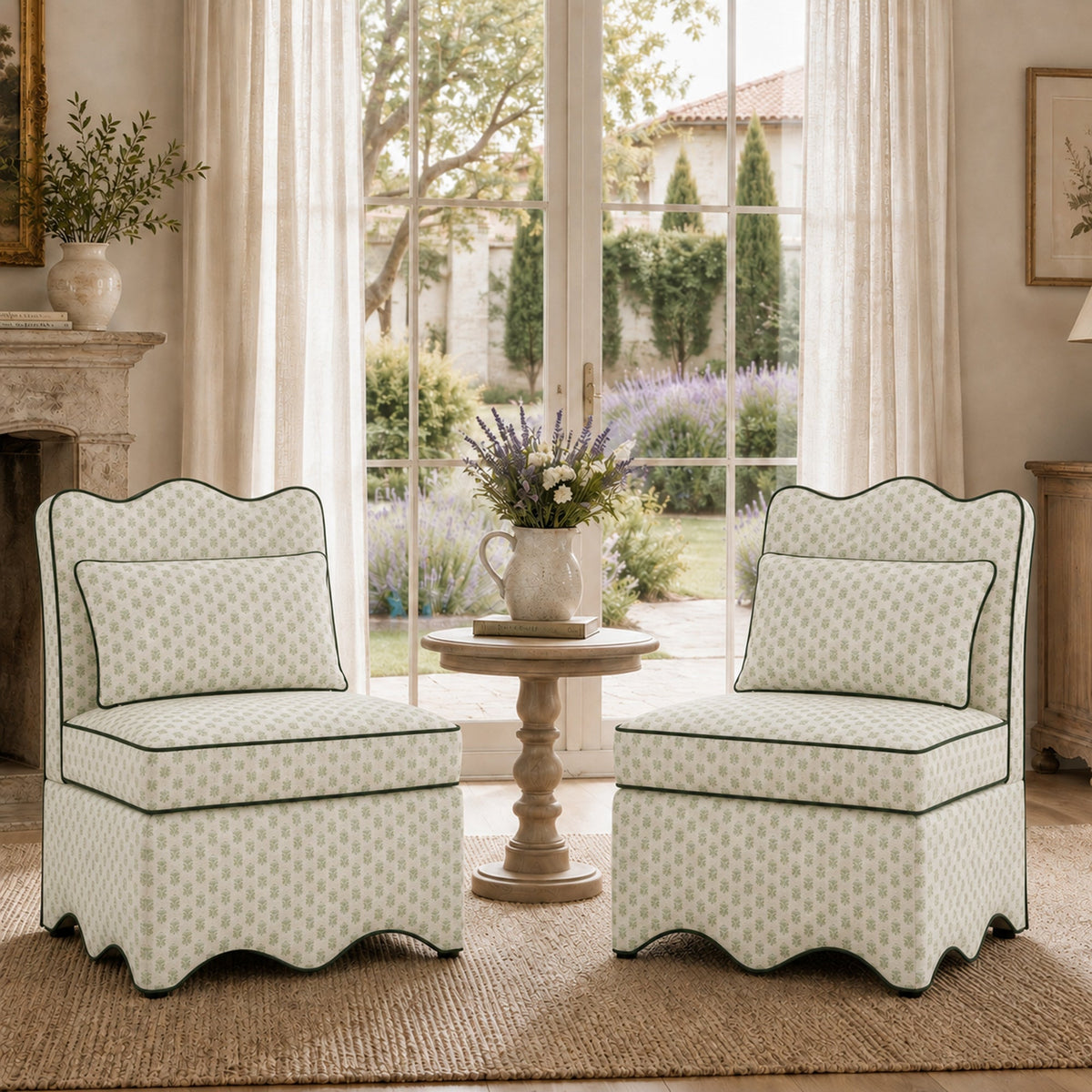 French Farmhouse Accent Chair with Scalloped Back & Upholstered Seat