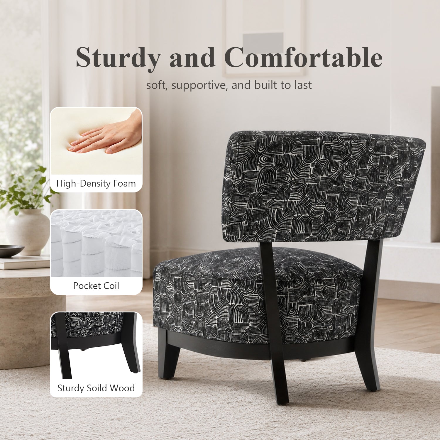 Mid-century Modern Accent Chair – Armless, Tapered Black Legs, Abstract Texture Fabric