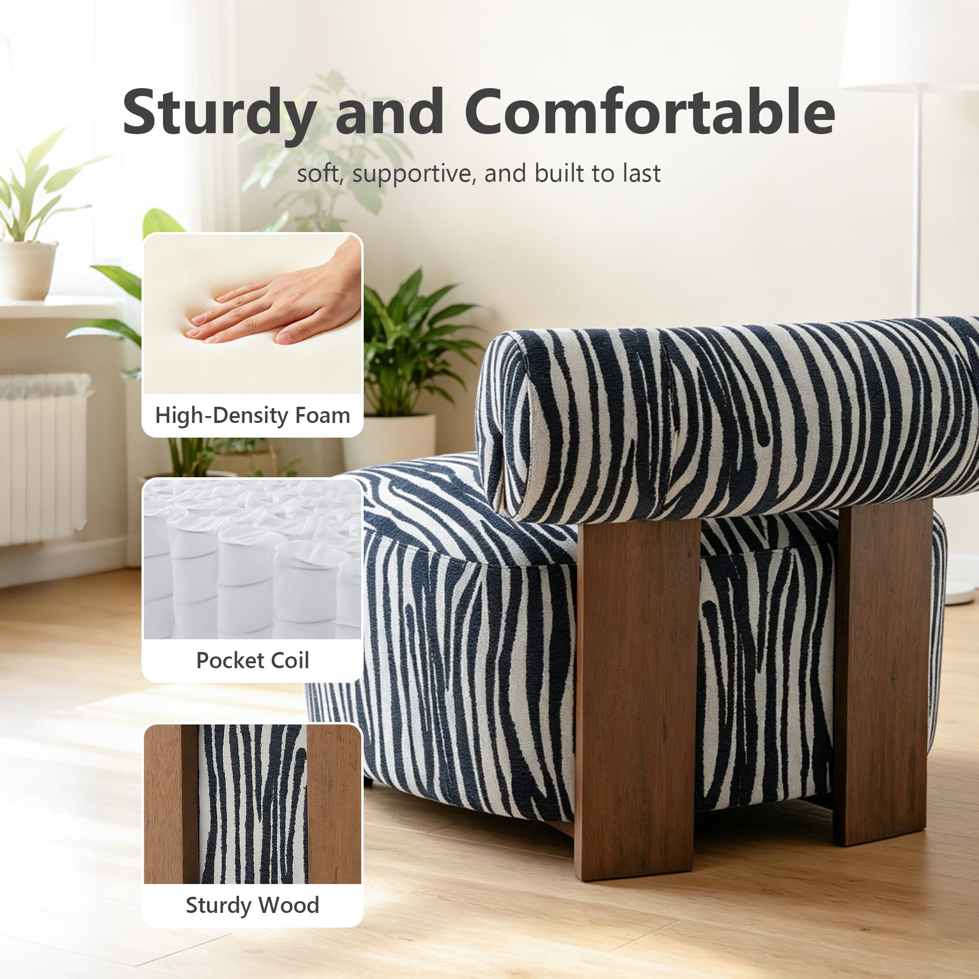 Contemporary Zebra-Stripe Chenille Accent Chair – Sculptural Cylindrical Backrest