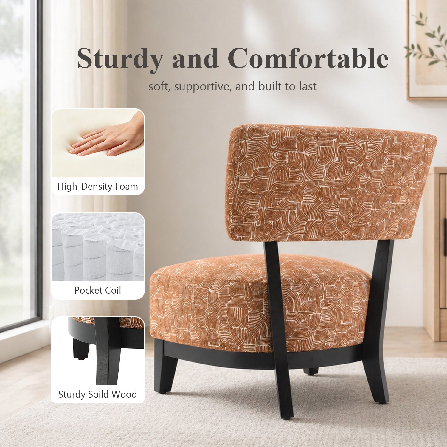 Mid-century Modern Accent Chair – Armless, Tapered Black Legs, Abstract Texture Fabric