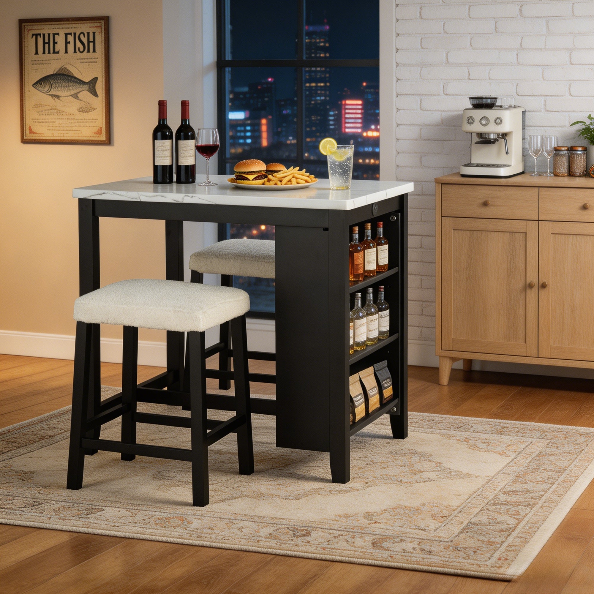 3-Piece Dining Set with USB Charging, Storage Shelves & Boucle Stools, High Gloss Kitchen Table for Small Spaces