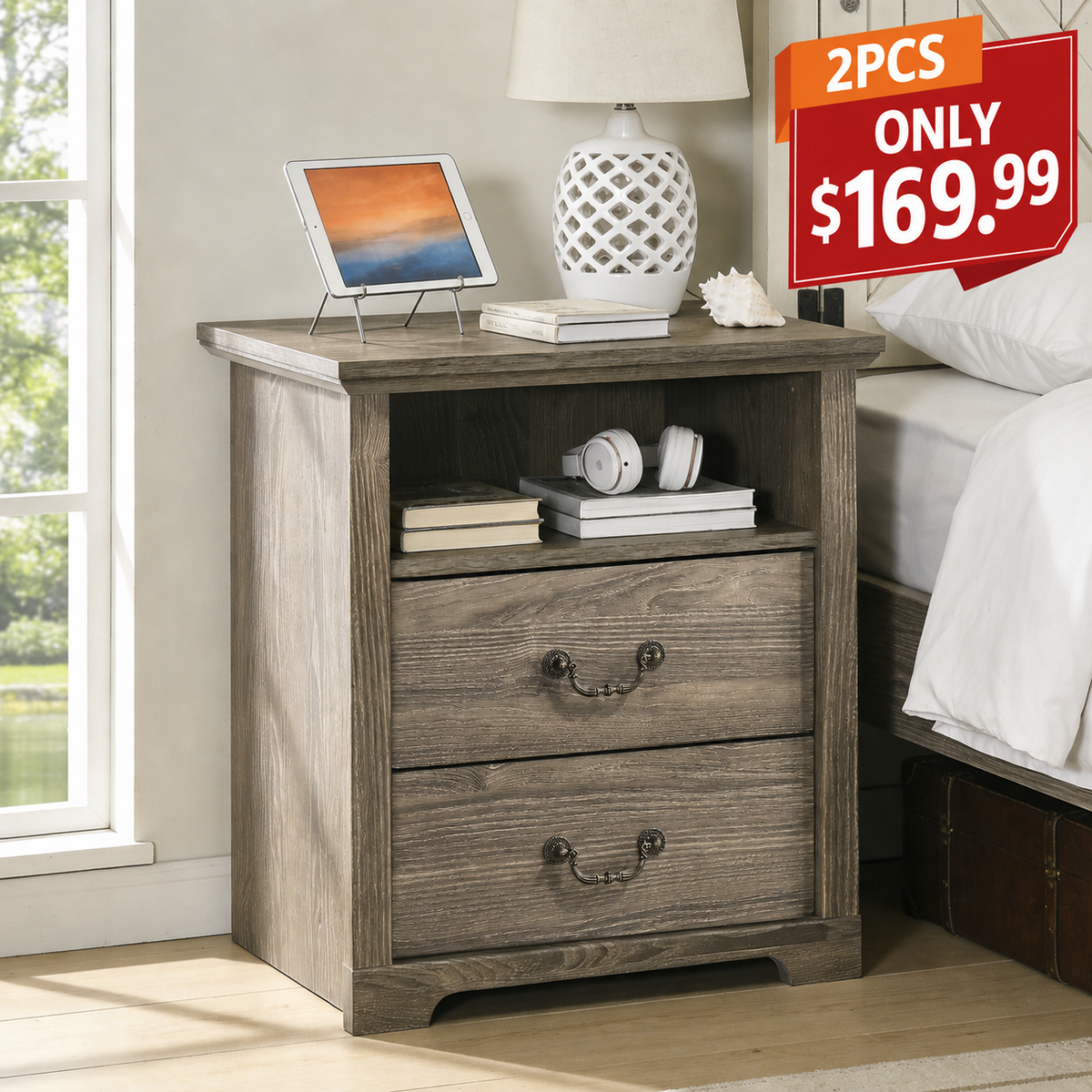 Rustic Open-Shelf Nightstand – Engineered Wood Bedside Table with Storage Cubby