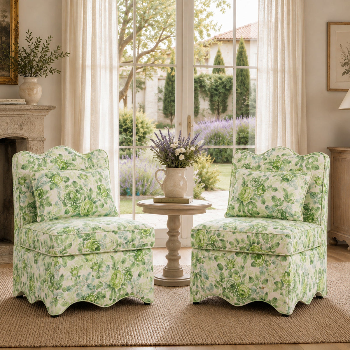 French Farmhouse Accent Chair with Scalloped Back & Upholstered Seat