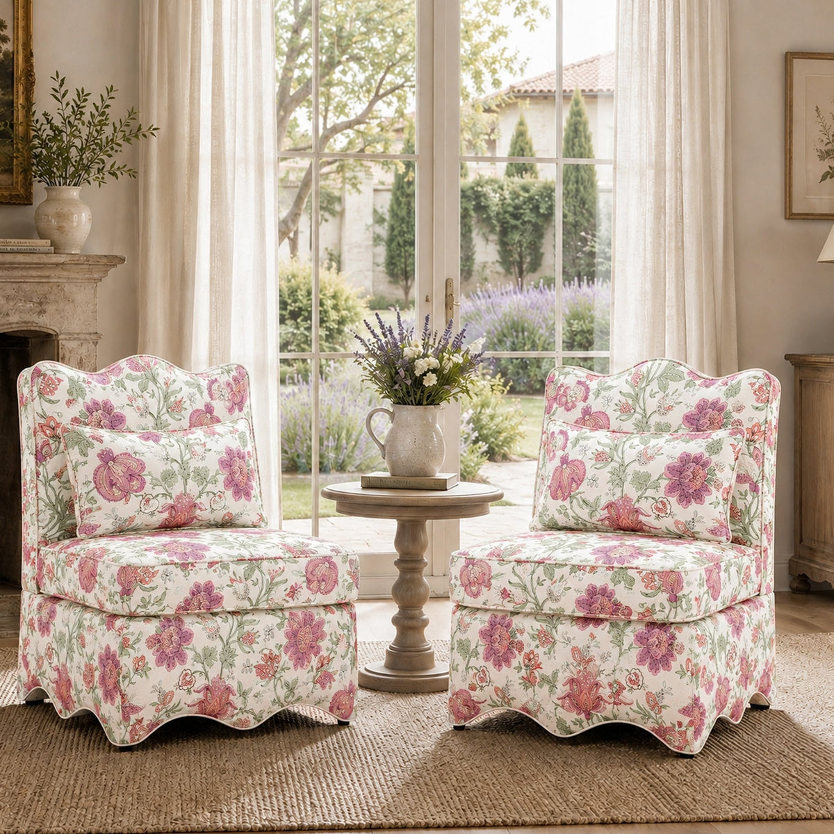 French Farmhouse Accent Chair with Scalloped Back & Upholstered Seat