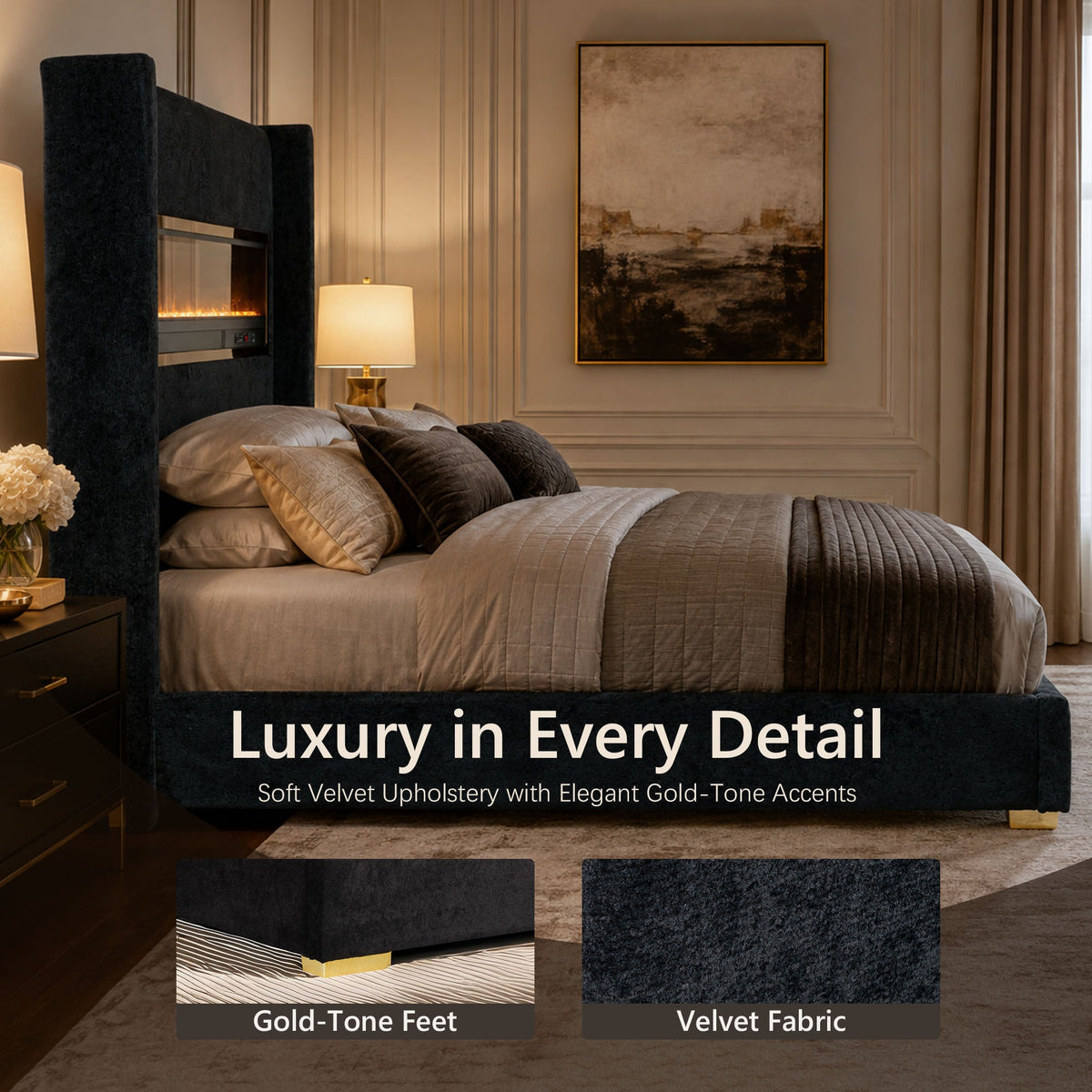 Contemporary Smart Platform Bed with 3D Fireplace LED Headboard, Bluetooth Audio, USB & TF Card Slots, Stainless Steel Frame