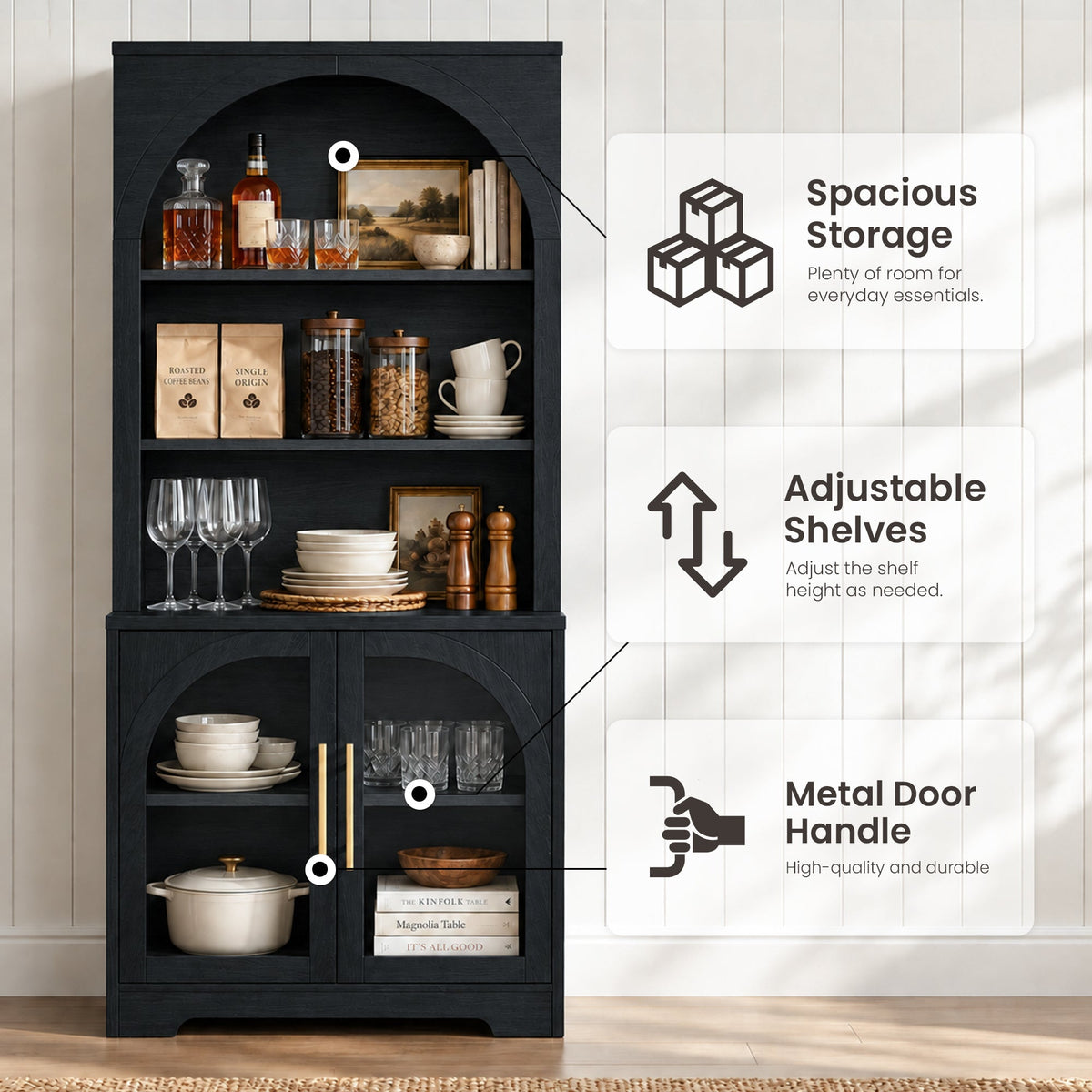 Arched Tempered Glass Door Storage Cabinet, 3-Tier Open Shelf Bookcase Display Cabinet
