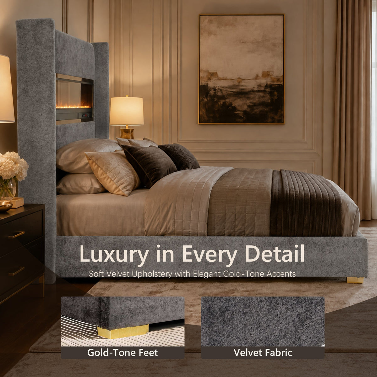 Contemporary Smart Platform Bed with 3D Fireplace LED Headboard, Bluetooth Audio, USB & TF Card Slots, Stainless Steel Frame