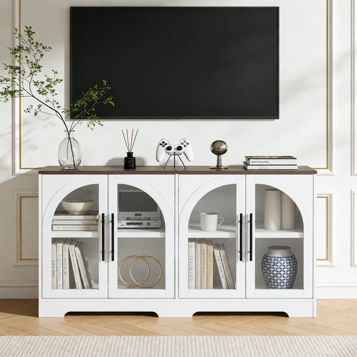 Rustic 2-Piece Arched TV Stand & Storage Cabinet Set – 55" Sideboard Buffet Cabinet & 72" Tall Display Cabinet with Glass Doors