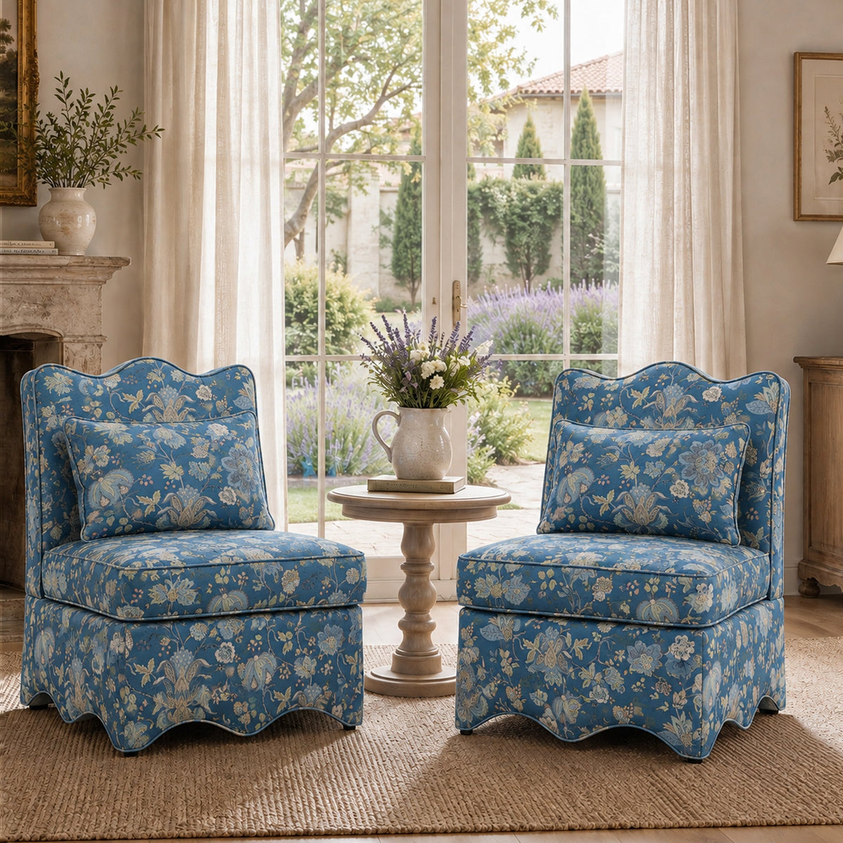 French Farmhouse Accent Chair with Scalloped Back & Upholstered Seat