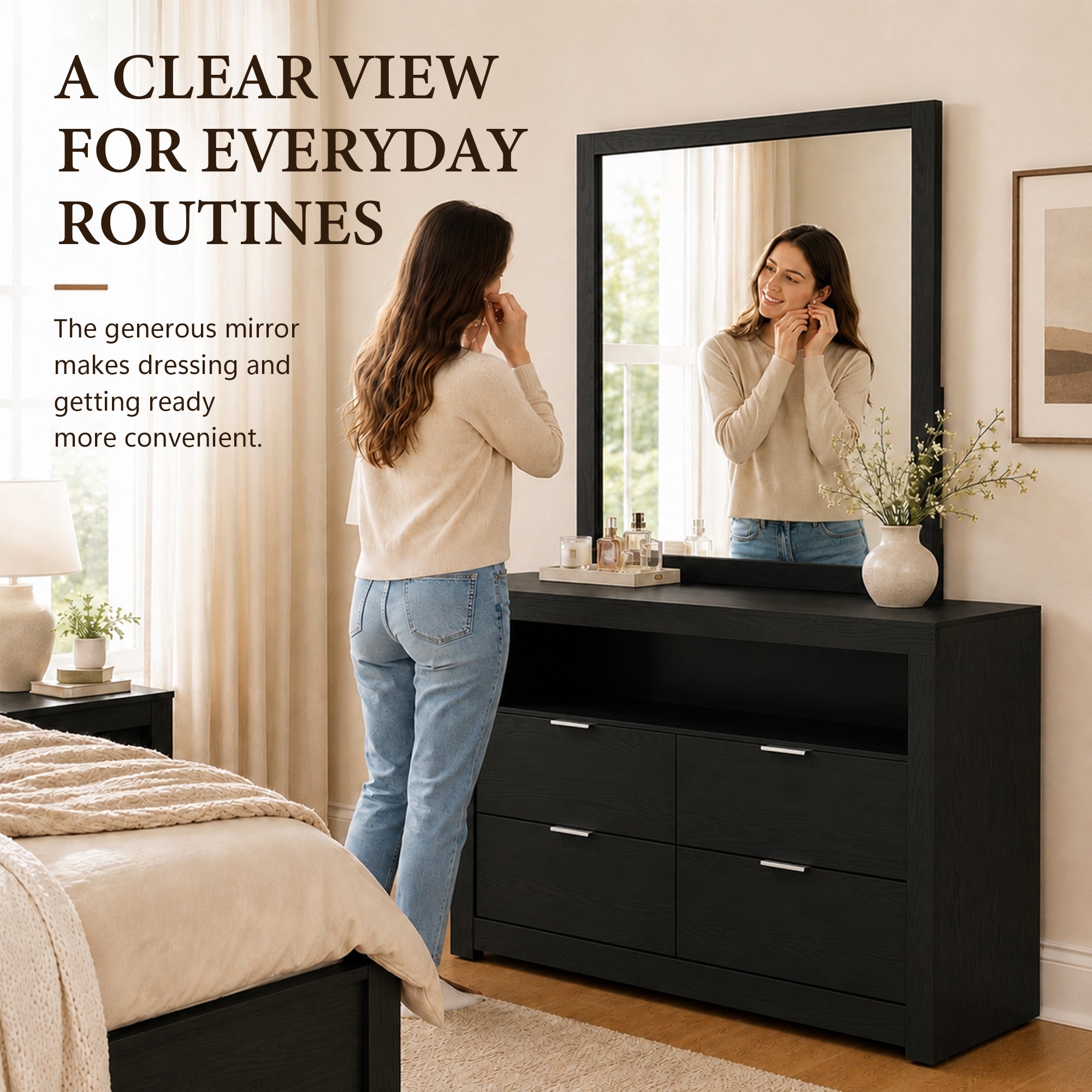 Contemporary Walnut Dresser with Optional Mirror, Finger Pull Drawers & Solid Wood Construction