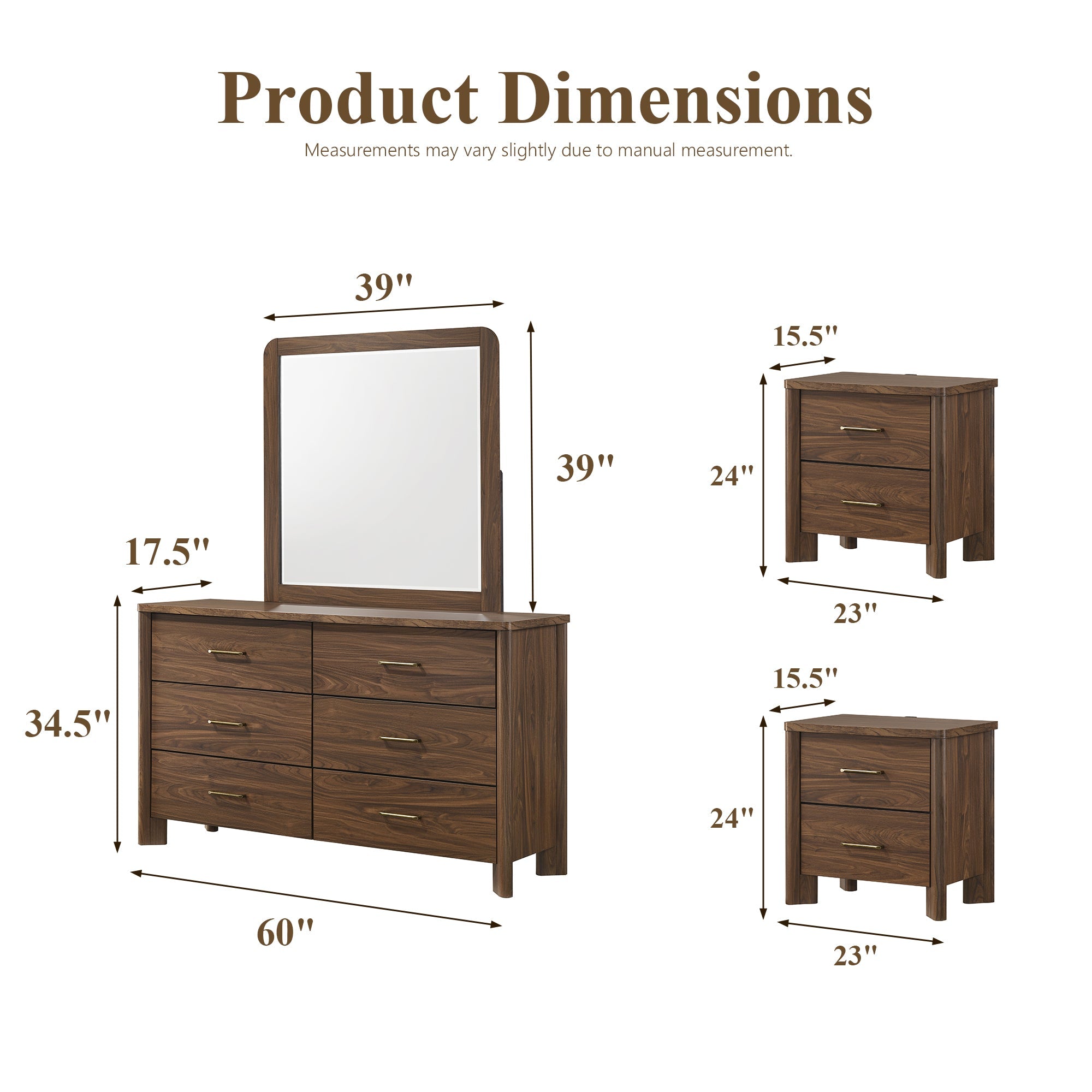 Mid-Century Modern Walnut 3-Piece Bedroom Storage Set with 2 Nightstands & Dresser with Optional Mirror