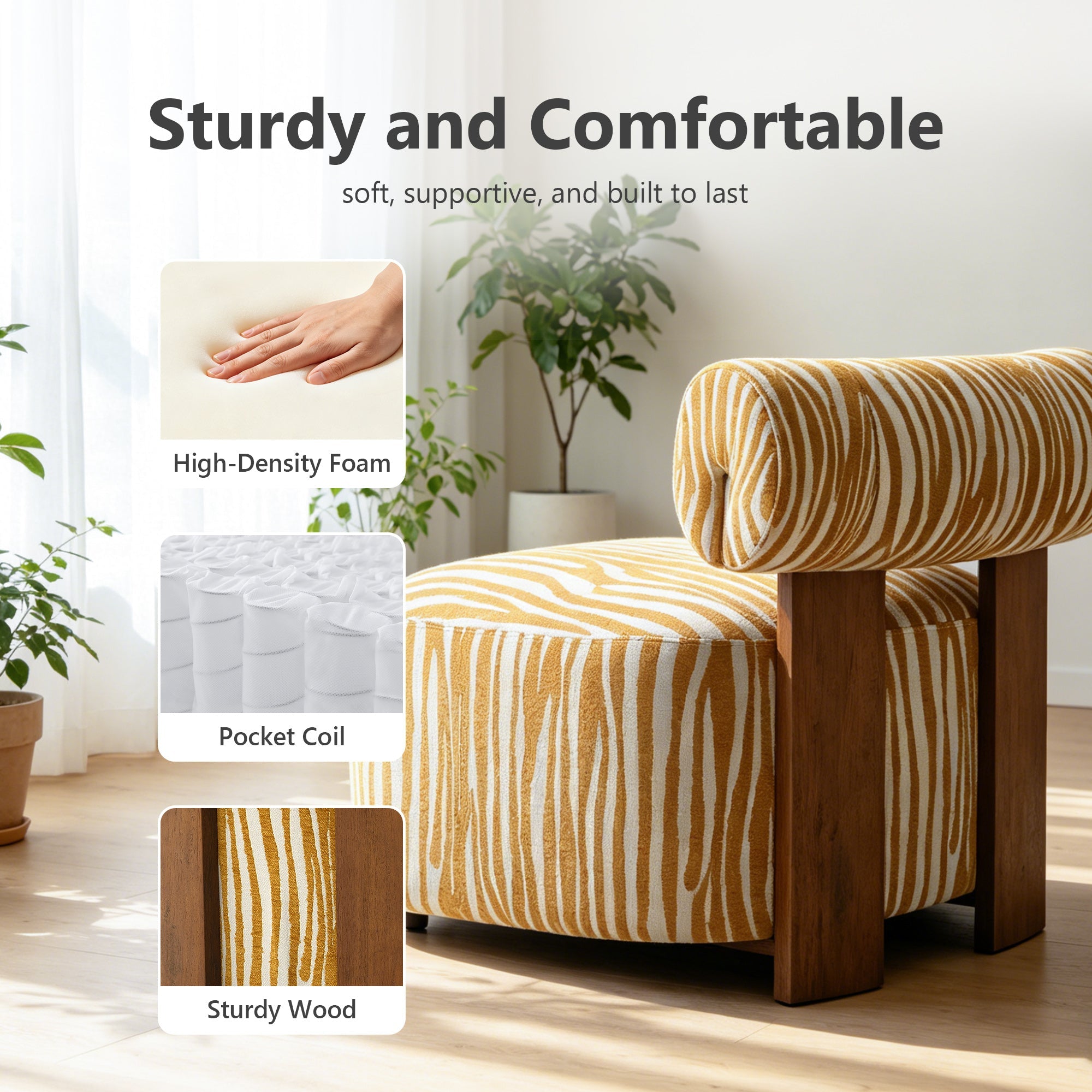 Contemporary Zebra-Stripe Chenille Accent Chair – Sculptural Cylindrical Backrest