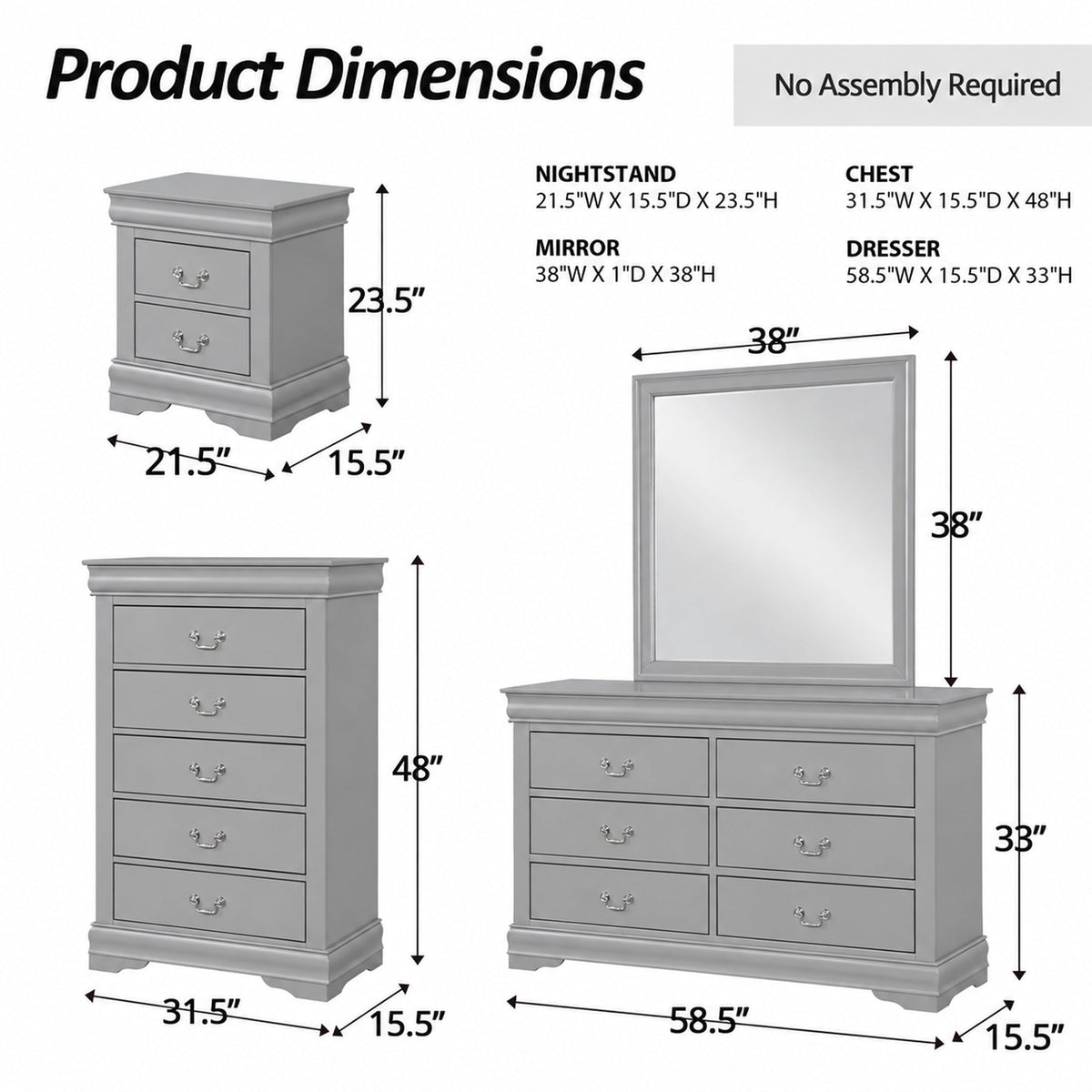 4-Piece Transitional Sleigh Bedroom Set with Solid Wood Bed, Nightstand, Chest & Dresser (Mirror Optional)