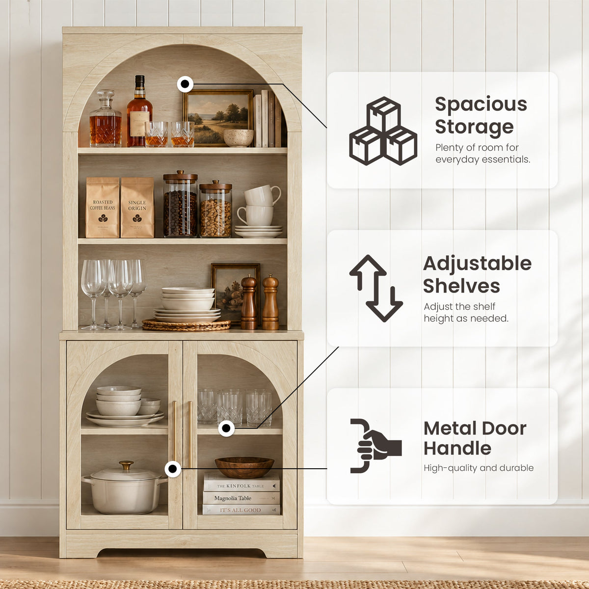 Arched Tempered Glass Door Storage Cabinet, 3-Tier Open Shelf Bookcase Display Cabinet