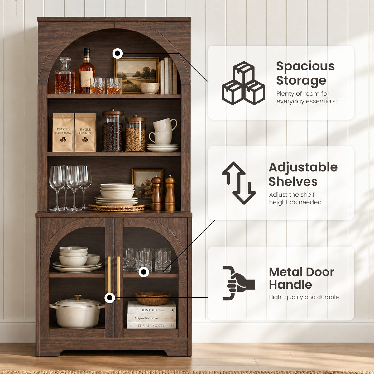 Arched Tempered Glass Door Storage Cabinet, 3-Tier Open Shelf Bookcase Display Cabinet