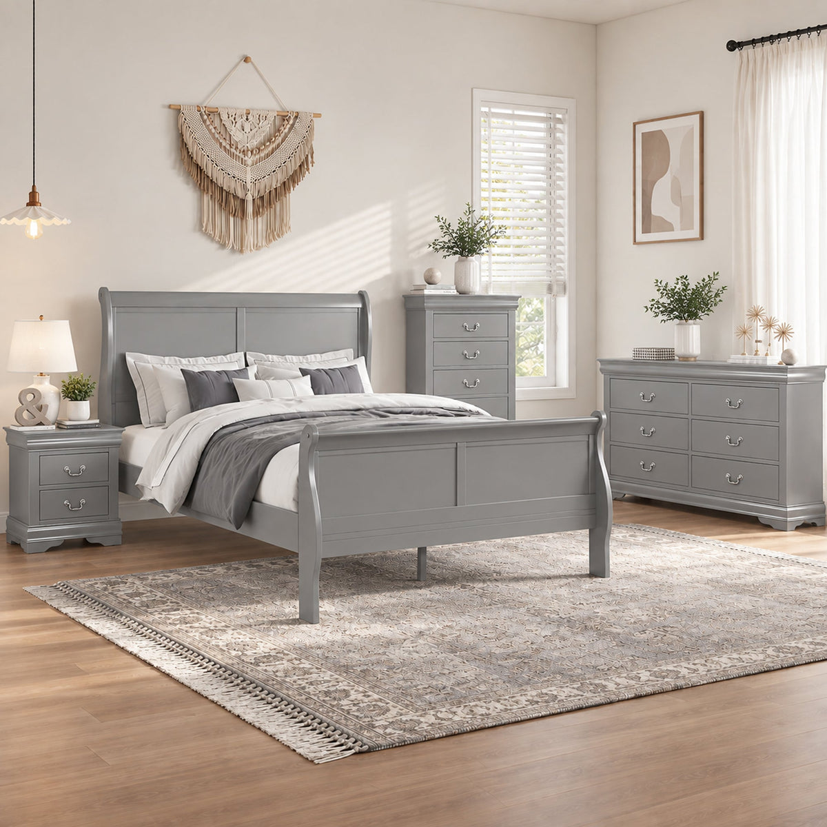 4-Piece Transitional Sleigh Bedroom Set with Solid Wood Bed, Nightstand, Chest & Dresser (Mirror Optional)