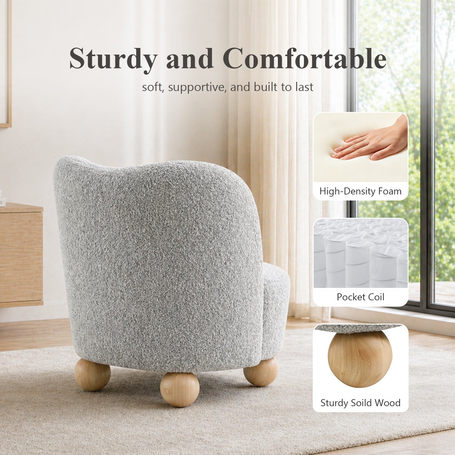 Contemporary Boucle Accent Chair – Sculptural Wood Ball Feet, Wide Seat