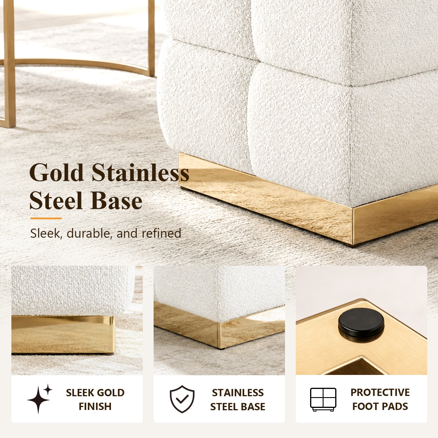 Contemporary Bouclé Storage Stool with Hidden Storage Compartment & Gold Stainless Steel Base – Fully Assembled