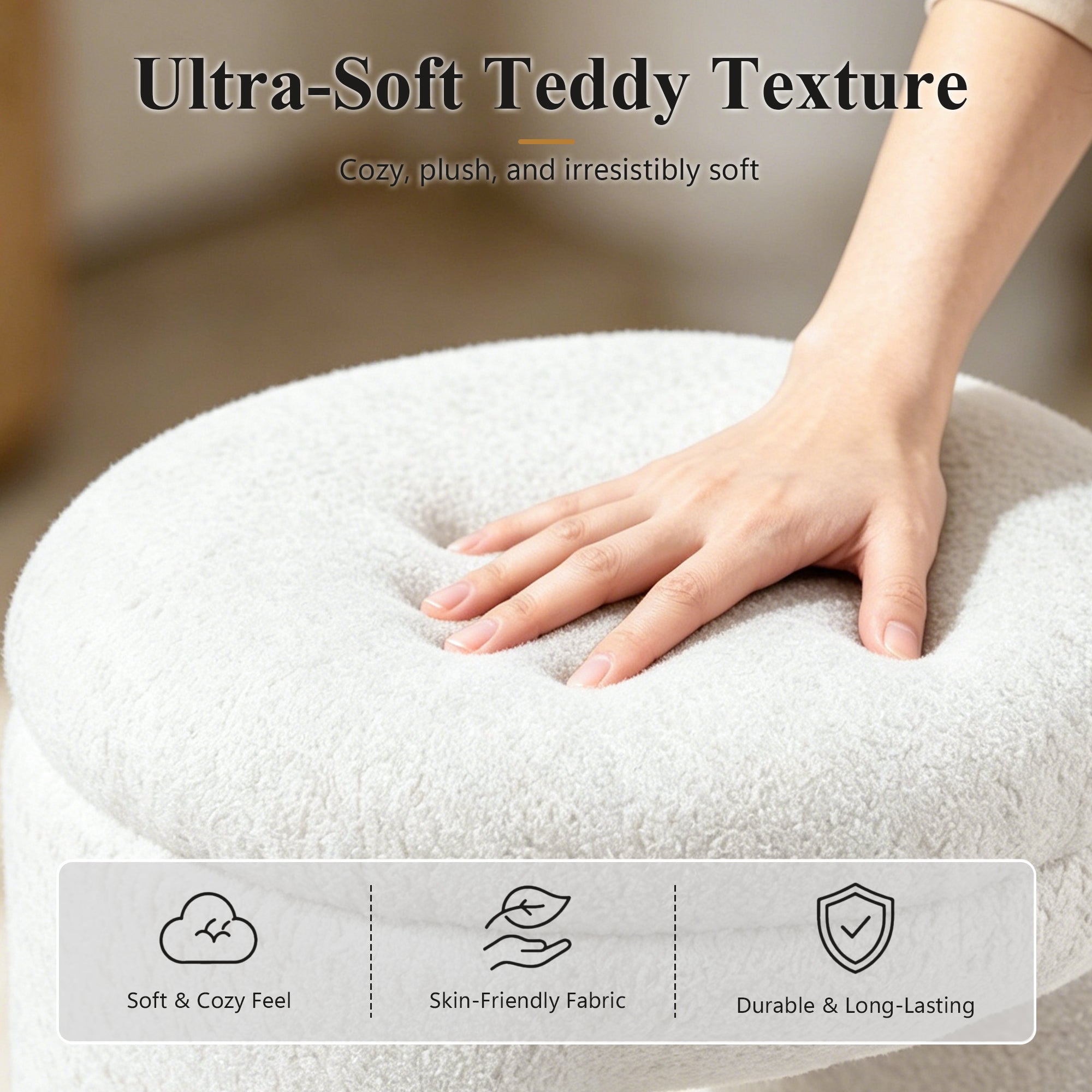 Contemporary Teddy Bouclé Accent Stool with Solid Wood Frame – Fully Assembled