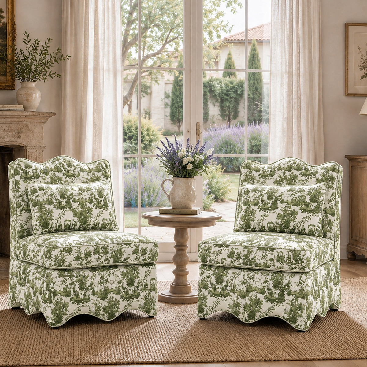 French Farmhouse Accent Chair with Scalloped Back & Upholstered Seat