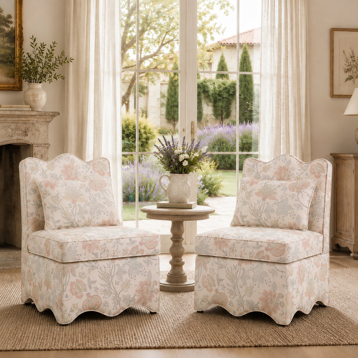 French Farmhouse Accent Chair with Scalloped Back & Upholstered Seat