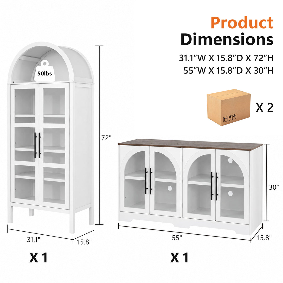 Rustic 2-Piece Arched TV Stand & Storage Cabinet Set – 55" Sideboard Buffet Cabinet & 72" Tall Display Cabinet with Glass Doors