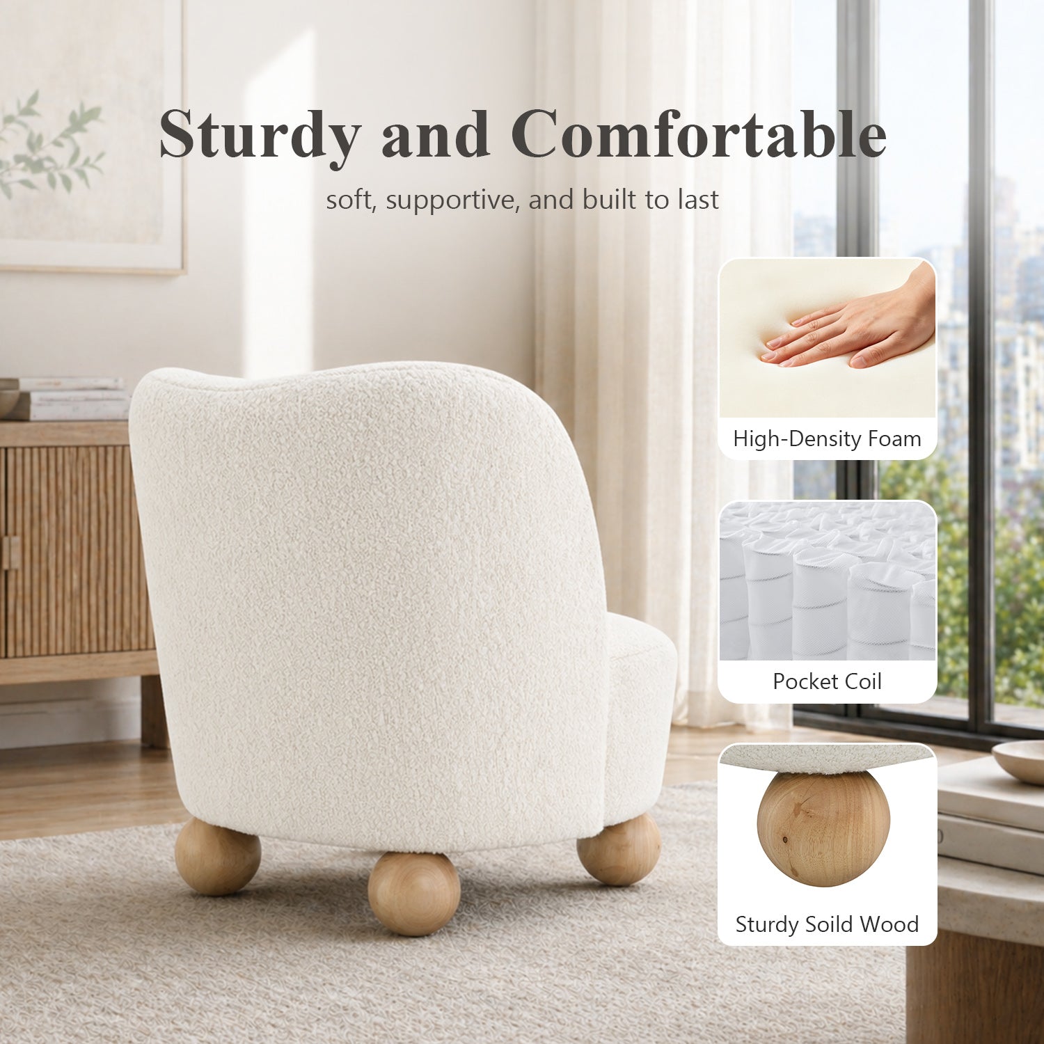 Contemporary Boucle Accent Chair – Sculptural Wood Ball Feet, Wide Seat