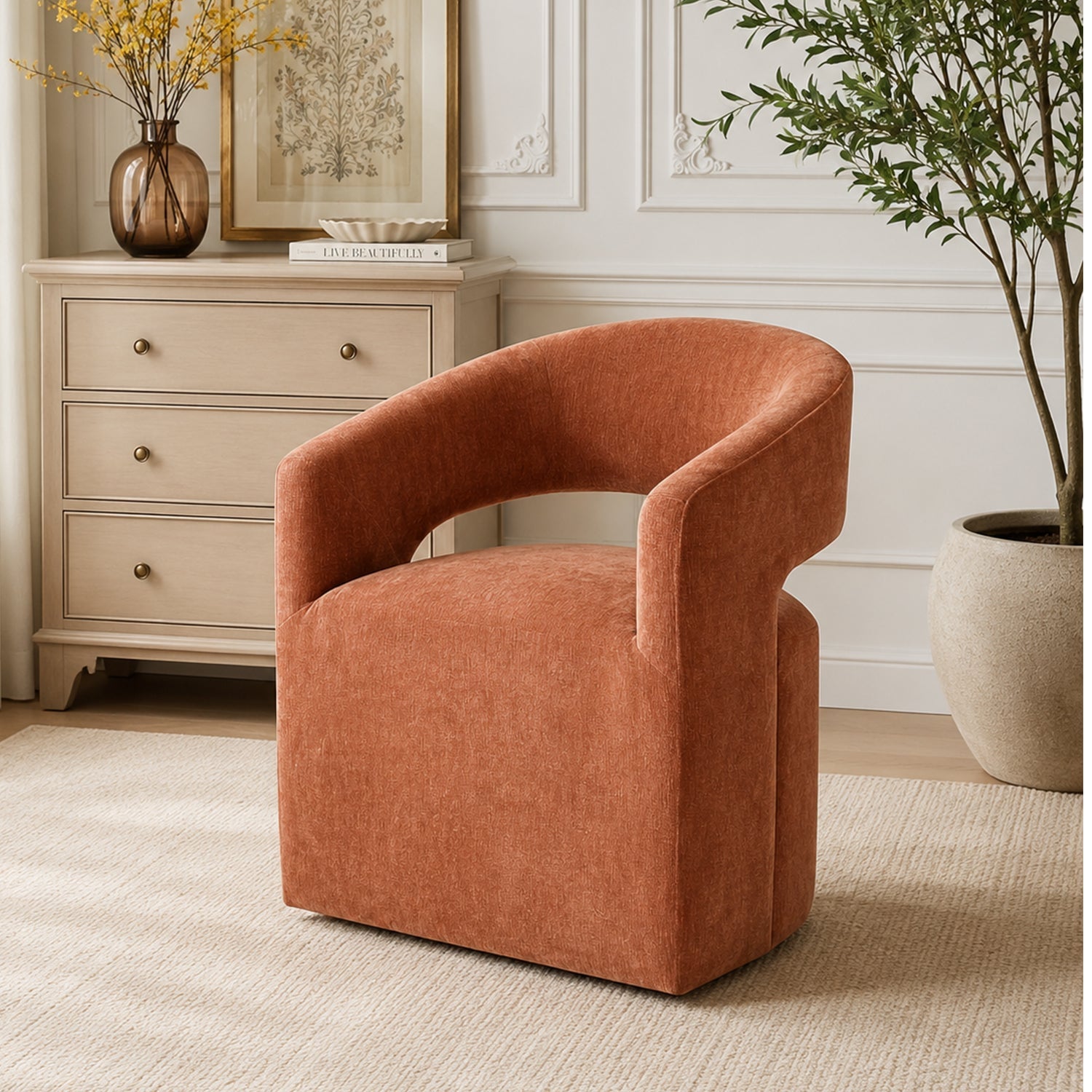 Rolling Barrel-Back Accent Chair with Casters – Contemporary Upholstered Arm Chair