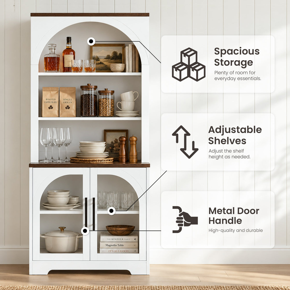 Arched Tempered Glass Door Storage Cabinet, 3-Tier Open Shelf Bookcase Display Cabinet