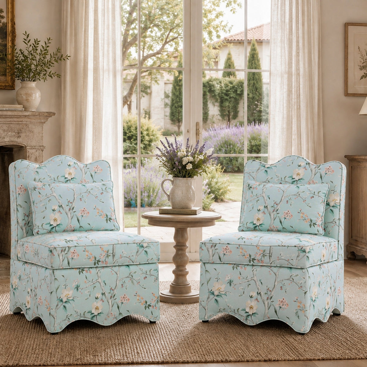 French Farmhouse Accent Chair with Scalloped Back & Upholstered Seat