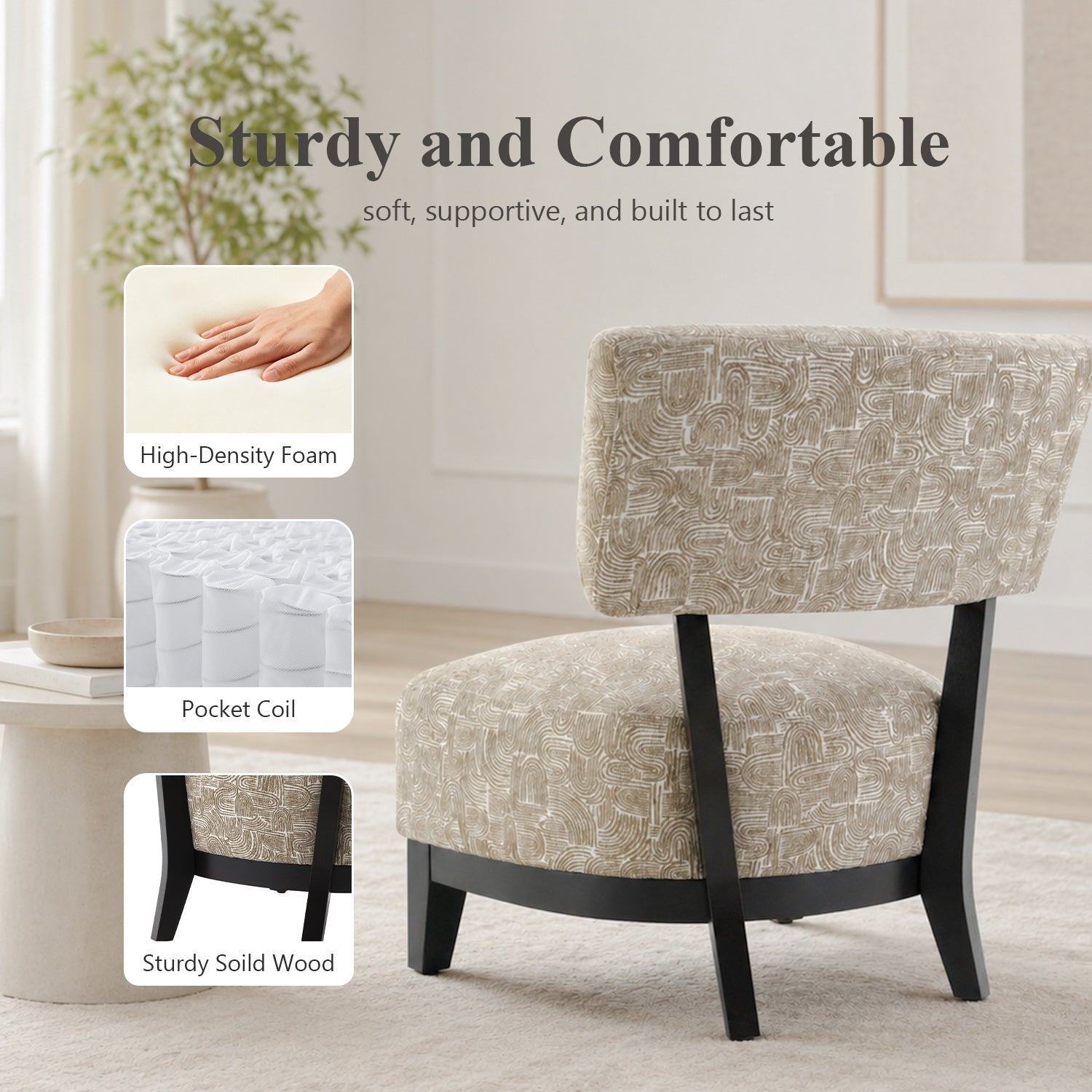 Mid-century Modern Accent Chair – Armless, Tapered Black Legs, Abstract Texture Fabric