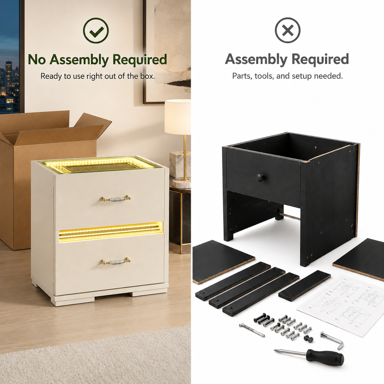 Contemporary LED Nightstand with Gold Acrylic Handles & Adjustable Touch Lighting – Fully Assembled