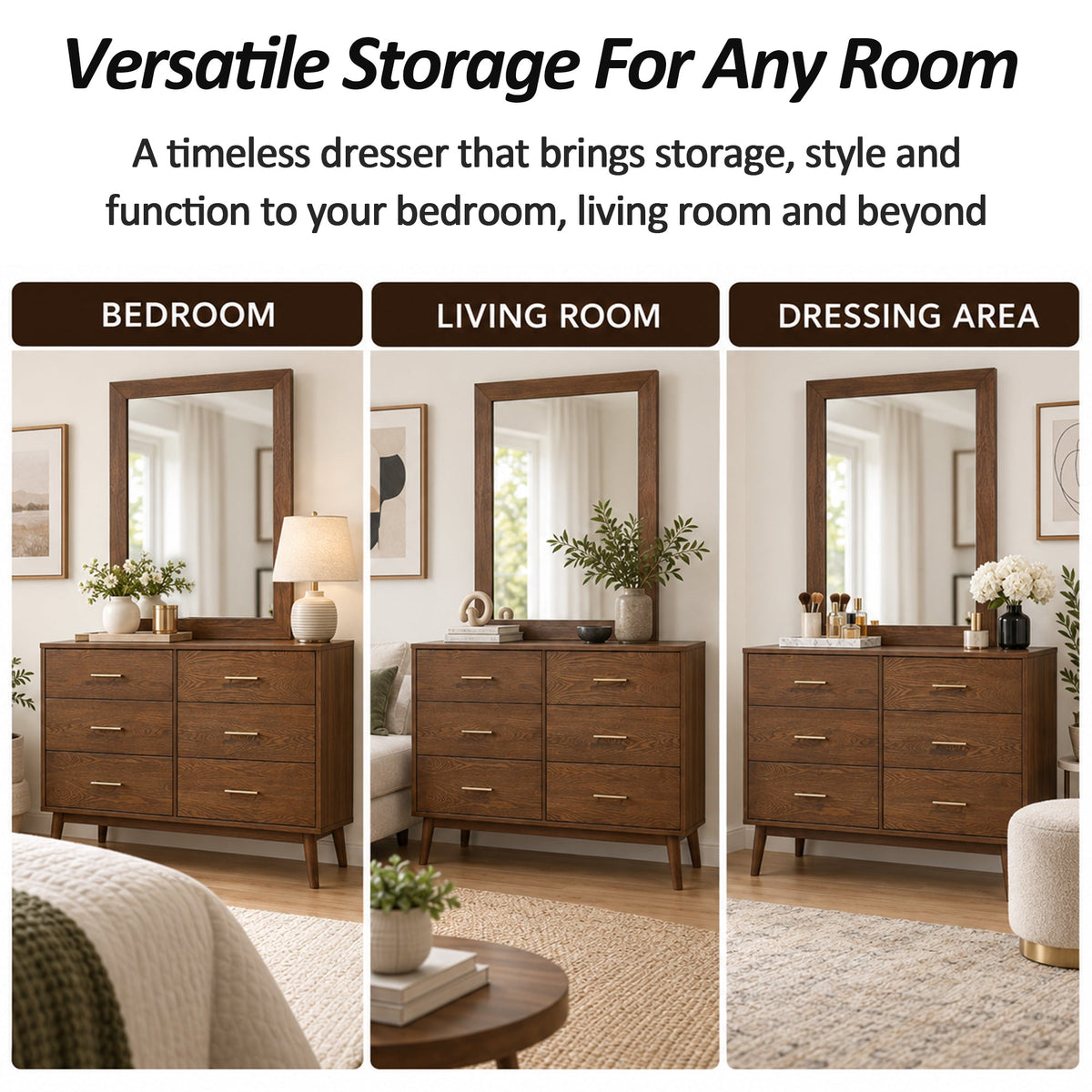 Mid-Century Modern 6-Drawer Dresser in Walnut with Optional Mirror