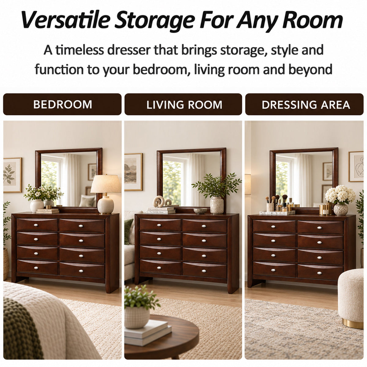 Transitional 8-Drawer Dresser with Solid Wood Construction – Optional Mirror