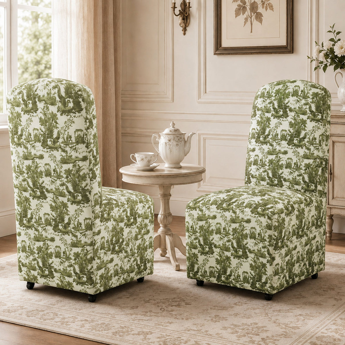 French Farmhouse Upholstered Dining Chair with Rounded Back, Caster Legs & Skirted Design