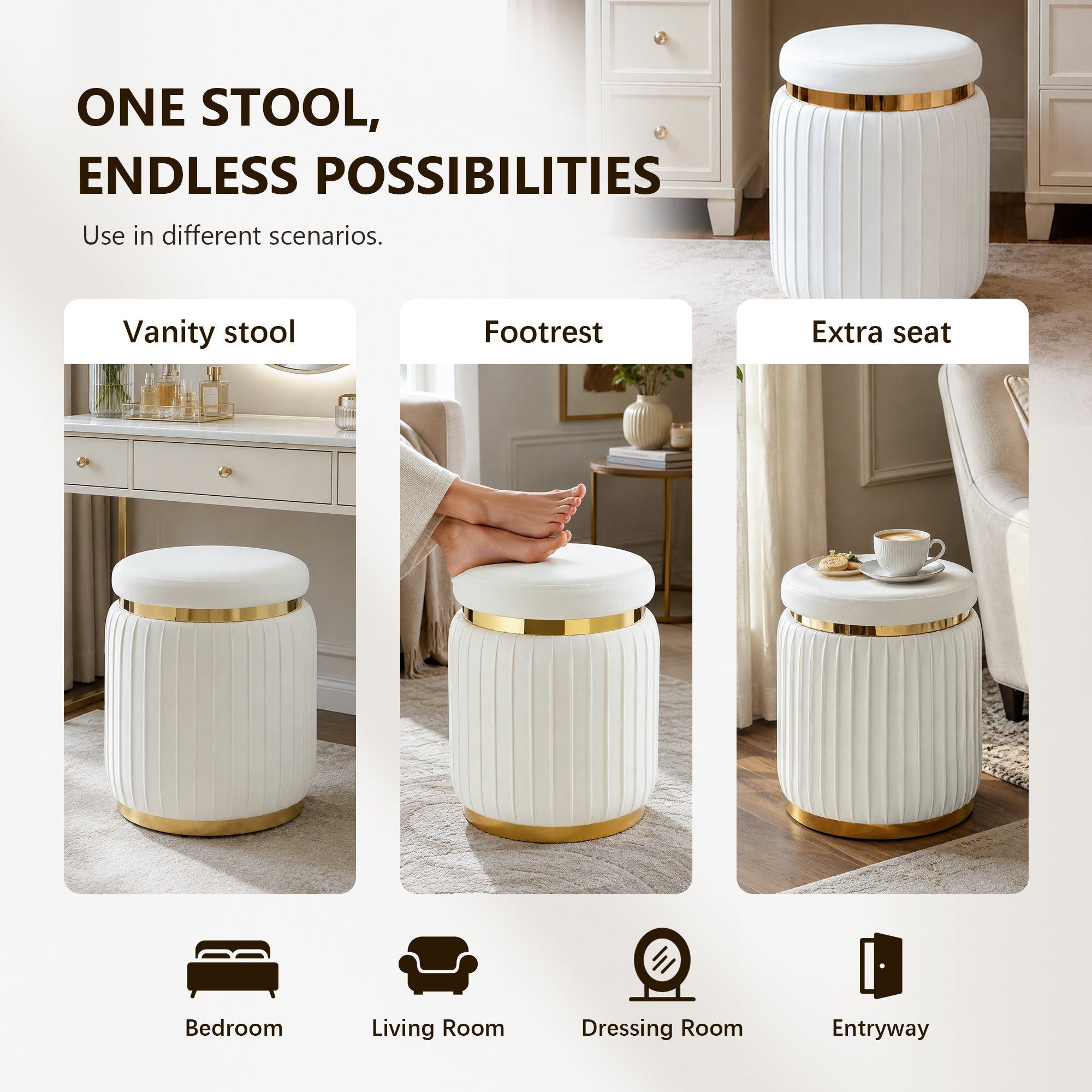 Contemporary Velvet Counter Stool with Gold Trim & Stainless Steel Base – Upholstered Modern Bar Stool