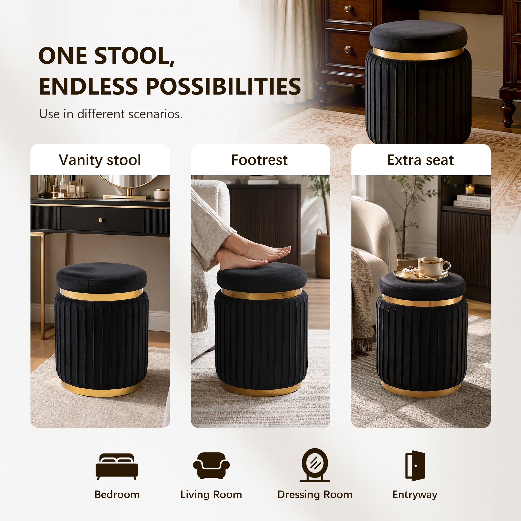 Contemporary Velvet Counter Stool with Gold Trim & Stainless Steel Base – Upholstered Modern Bar Stool
