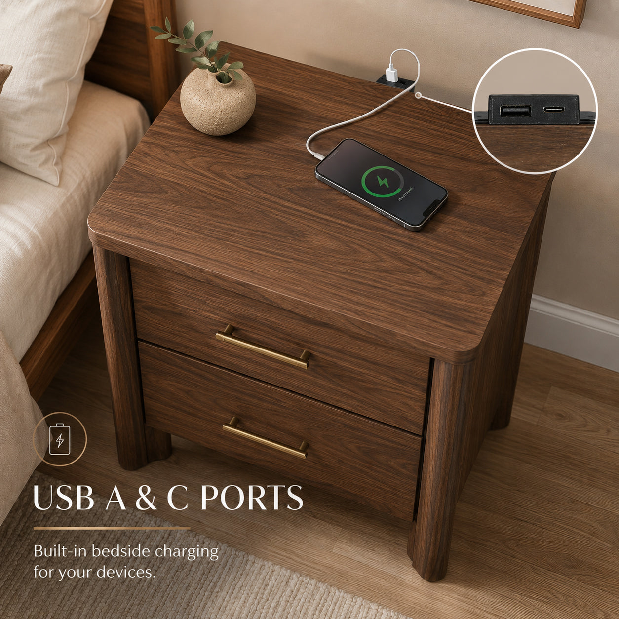 Mid-Century Modern Walnut 3-Piece Bedroom Set with Upholstered LED Platform Bed & 2 USB Charging Nightstands