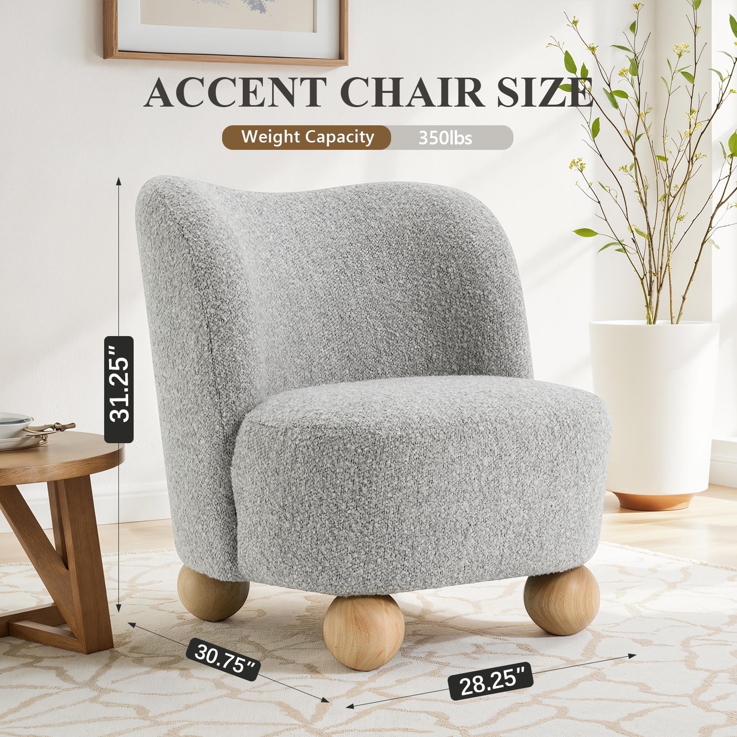 Contemporary Boucle Accent Chair – Sculptural Wood Ball Feet, Wide Seat