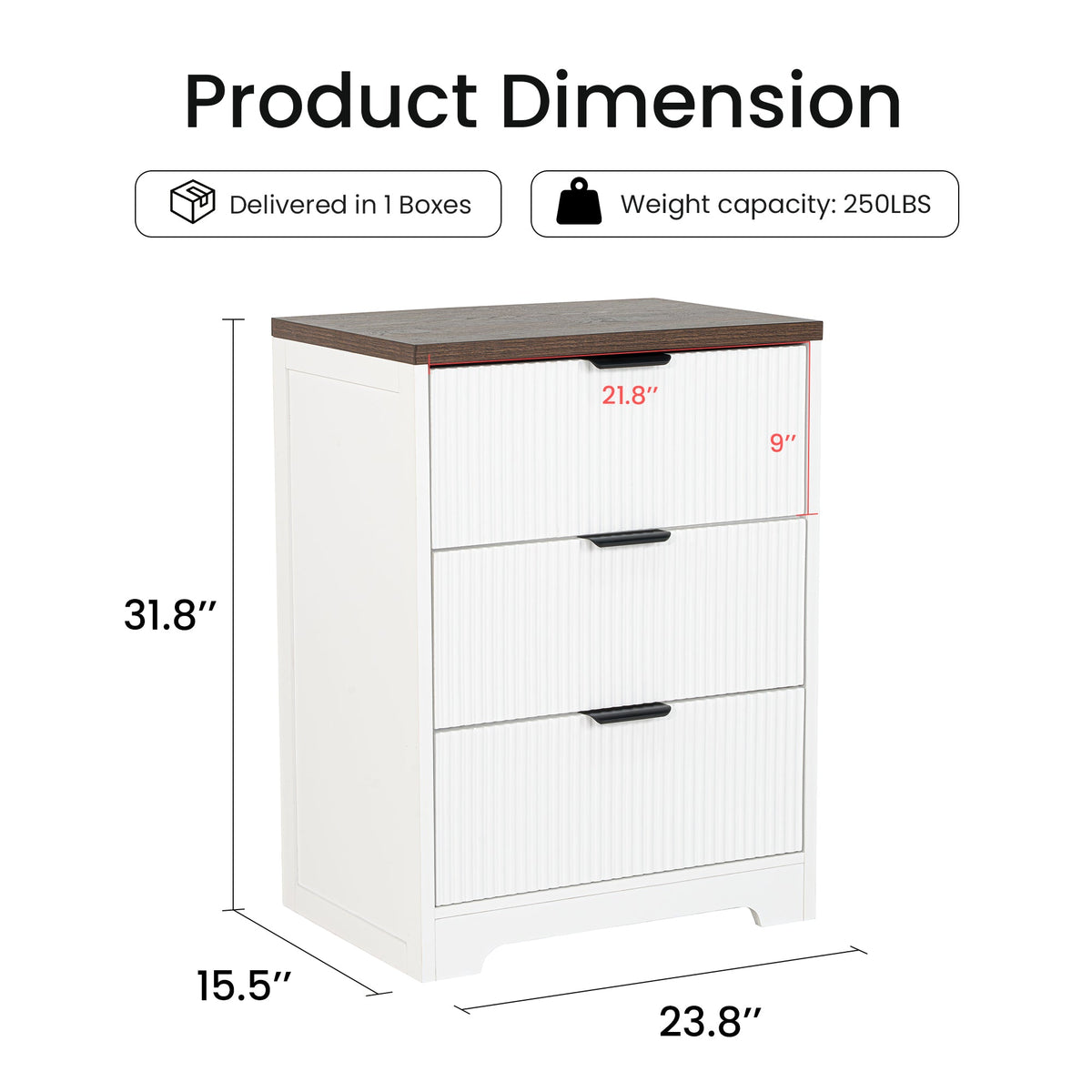 Fluted 3 Drawer Nightstand, Modern Wooden Storage Cabinet with Ribbed Drawer Fronts