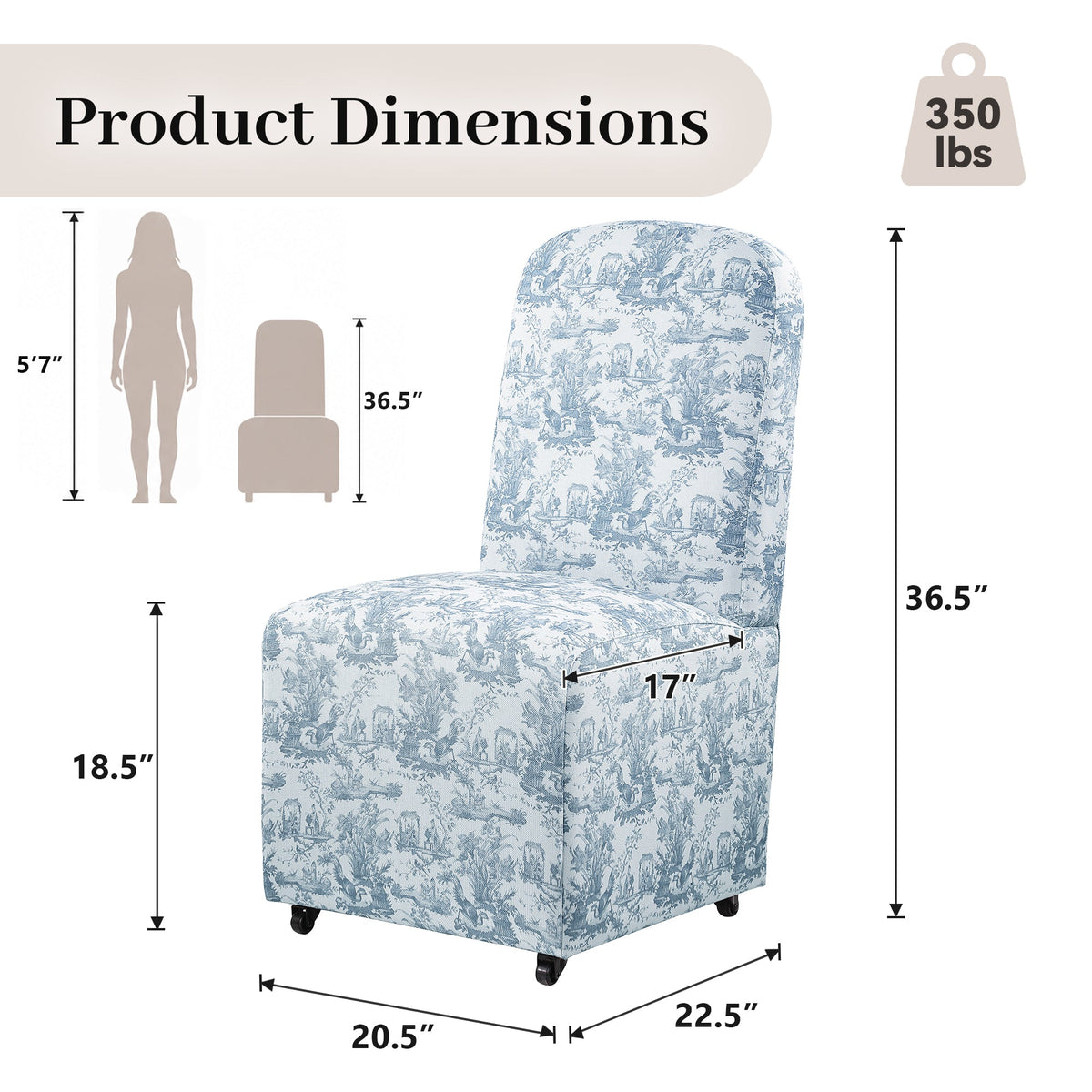 French Farmhouse Upholstered Dining Chair with Rounded Back, Caster Legs & Skirted Design